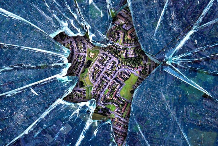 Aerial view of the Langley estate with smashed glass