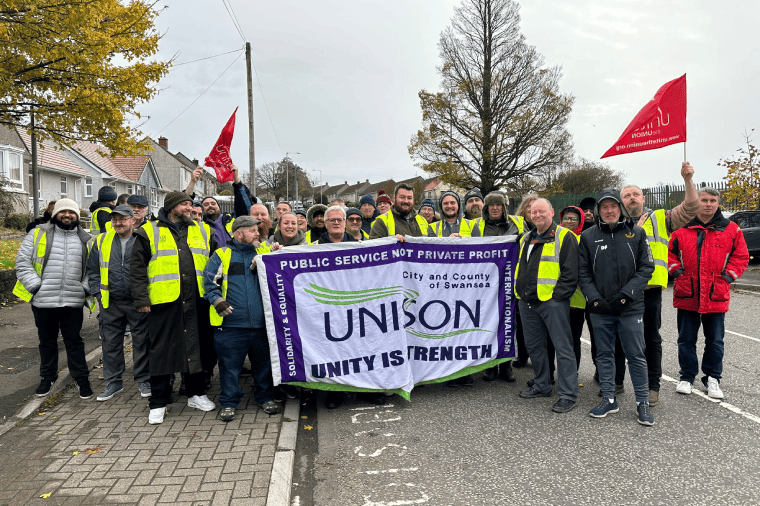 Bus workers on a picket line in Swansea