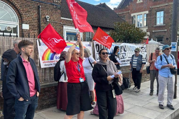 Unite union members rally at NHS East London Foundation Trust on 20 August 2026
