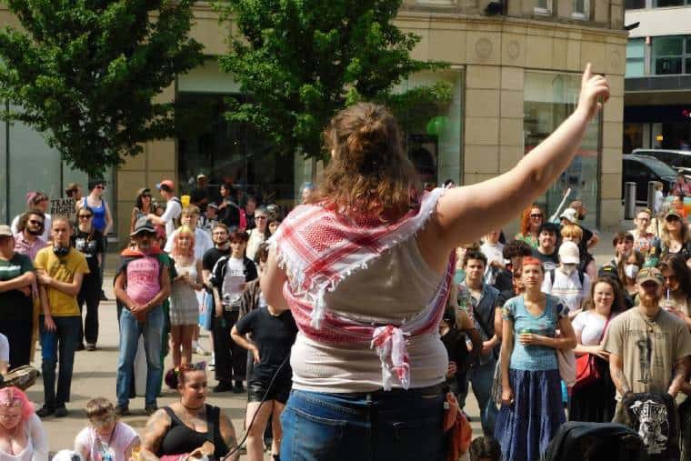 Marchers in Sheffield oppose the transphobic EHRC ruling on 2 August 2026