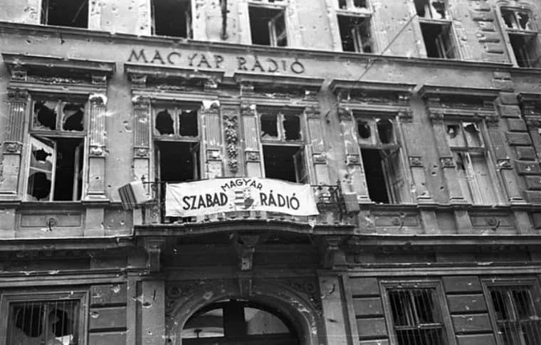 The radio building on Brody Sandor Street in Budapest, Hungary, after 23 October